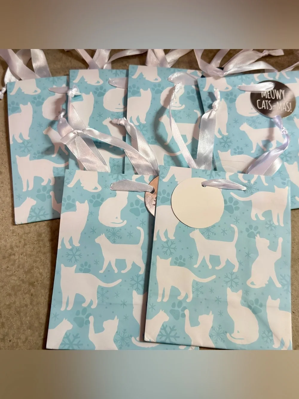 Blue Cat Pattern Gift Bags with White Ribbon Handles